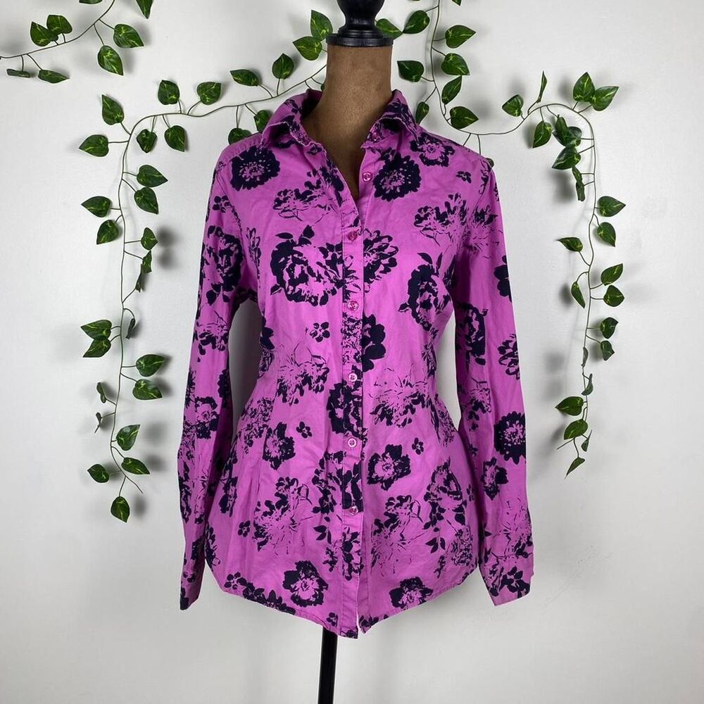 Roaman's y2 workwear purple black floral button up blouse whimsy loreli gilmore